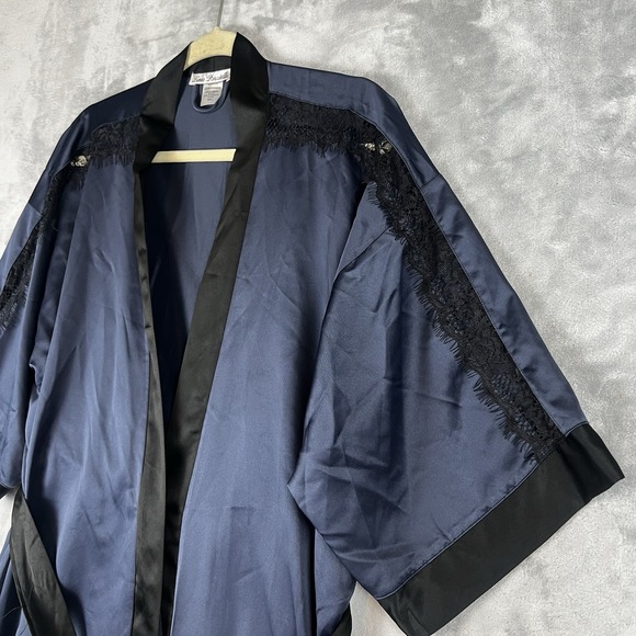 NWT Linea Donatella Women's Large Corinne Satin Navy Wrap Robe Bisque - Picture 4 of 6